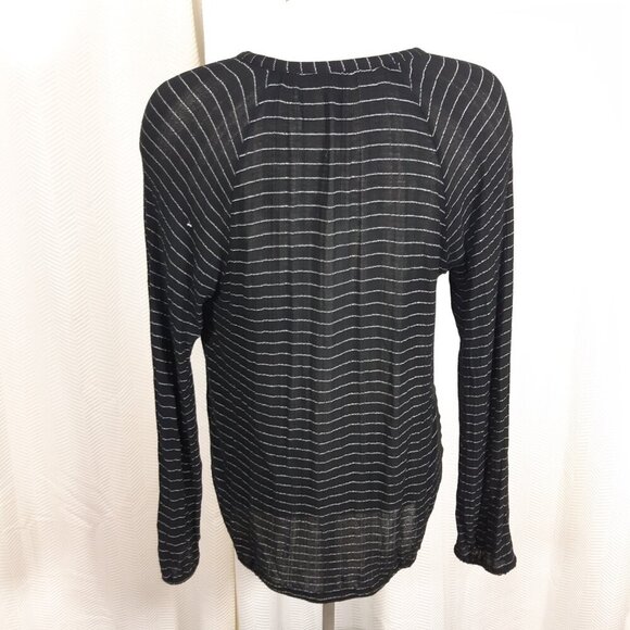Lucky Brand Top Womens Large Tie Neck Keyhole Semi Sheer Boho Black White Stripe - Picture 4 of 6
